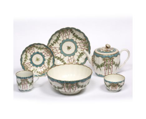 Worcester reeded porcelain teapot circa 1770-1780, a matching porcelain trio,  a circular serving dish and a slop bowl (6)
