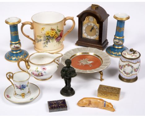 Royal Worcester two handled loving cup pair of French Rihouet porcelain candlesticks, a small mantel clock and a collection o