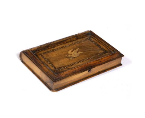 Olive wood and Tunbridge ware stamp box circa 1900, 18cm long