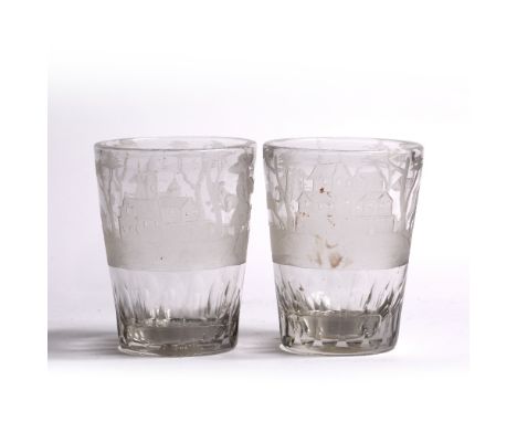 Near pair of 18th Century drinking glasses  with engraved decoration depicting hunting hounds and horses, unsigned, 11cm high