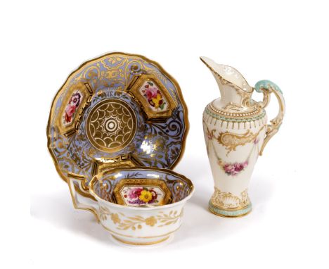 Porcelain cabinet cup and saucer painted with individual panels of flowers and a Royal Worcester slender jug, 15cm high