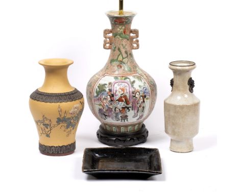 Chinese polychrome vase converted to a table lamp, 40cm and three other Chinese pottery pieces including a square dish