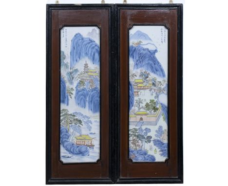 Pair of porcelain panels Chinese, 19th/early 20th Century, depicting a mountain landscape with temple and figures to the fore