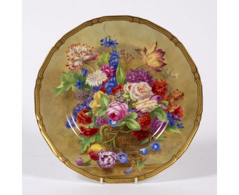 Ernest Barker for Royal Worcester cabinet plate, with gilt decoration and hand painted decoration of avocet of flowers, signe