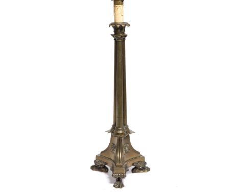 Brass three column table lamp 19th Century, with claw feet, 50cm high