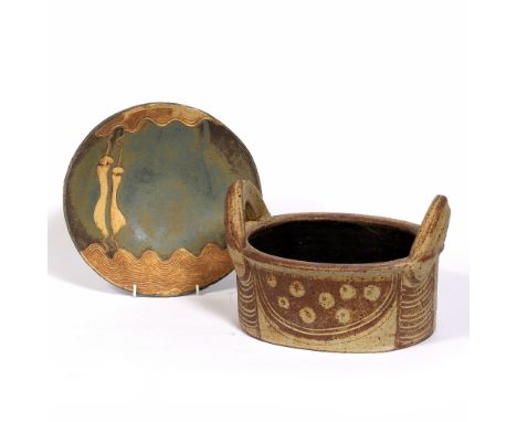 David Lloyd-Jones (1928 - 1994) studio pottery twin handled vessel 26cm across and a unmarked studio pottery bowl 27cm across
