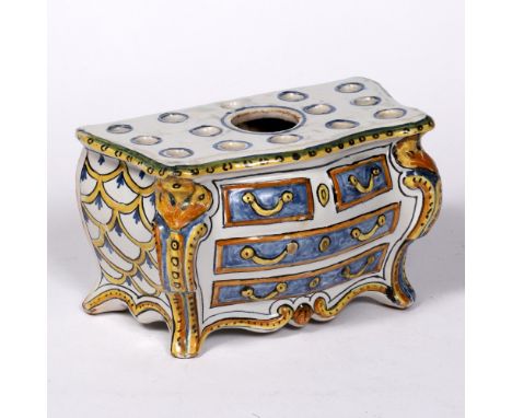 Faience bulb pot French, in the form of a commode, 22cm across x 14cm high