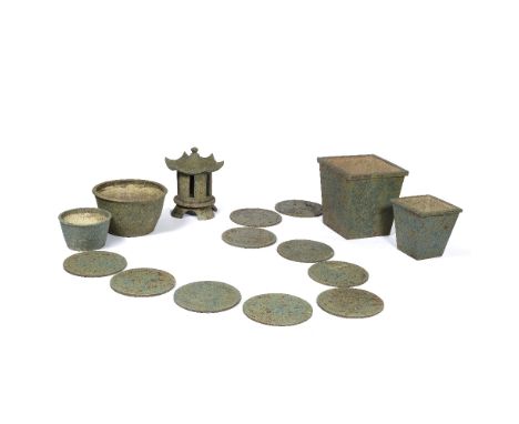 Kate Mellors (British 20th Century) Collection of garden ceramics, lantern, ten stepping stones, two square pots and two roun