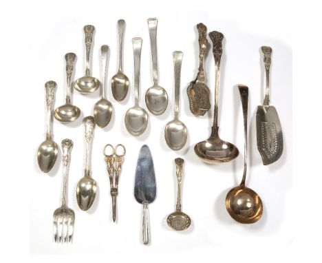 Collection of serving spoons to include Georgian silver serving ladle and a collection of silver plated ladles, serving spoon