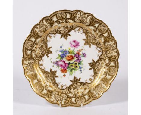Ernest Barker for Royal Worcester cabinet plate with gilt decoration and floral centre panel, signed 'E. Barker' 25cm across 