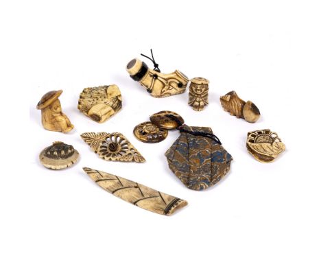 Group of Japanese pieces bone and walrus ivory, to include a purse, netsuke and other items