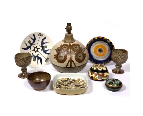 Collection of pottery and ceramics to include Lester Fudge bowl, Copenhagen decorative dish, Soholm, Bornholm pottery lamp ba