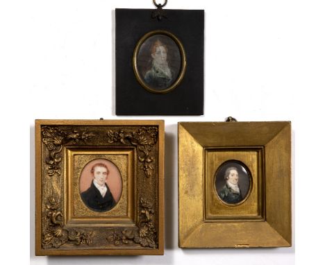 Three 18/19th Century portrait miniatures on ivory each depicting members of the Earle family, unsigned, portrait in black fr