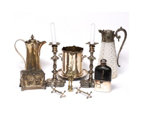 Collection of EPNS and white metal to include silver plated mounted claret jug, pair of candlesticks, EPNS coffee pot, bottle