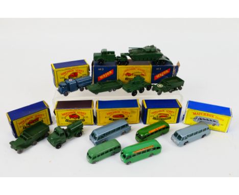 Matchbox - A group of models including Leyland Royal Tiger Long Distance Coach # 40, Bedford Duple Luxury Coach # 21, Army Ta