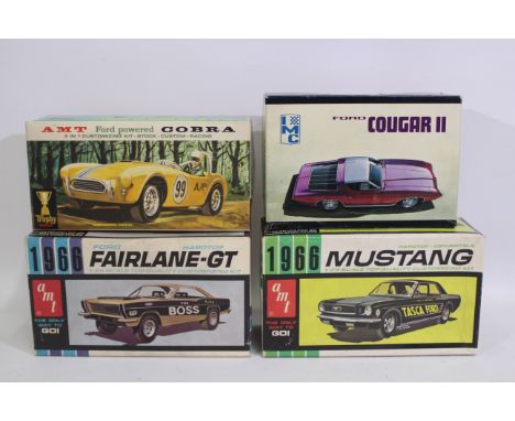 AMT - IMC - 4 x vintage boxed model kits which have been built, 1966 Ford Mustang, 1966 Fairlane GT Hardtop, Cougar II and Co