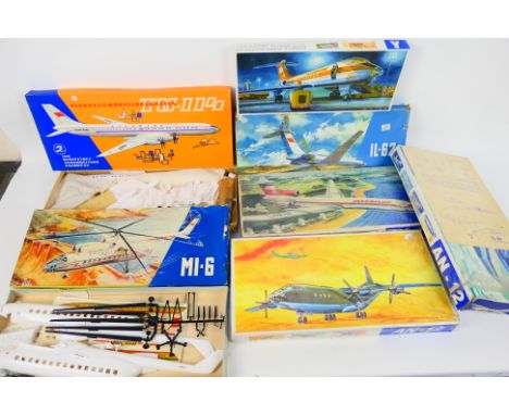 VEB KVZ - Seven ZEB (East Germany) boxed plastic model aircraft kits. Kits include ZEB Tu-114; MI-6 Helicopter; TU-154 and si