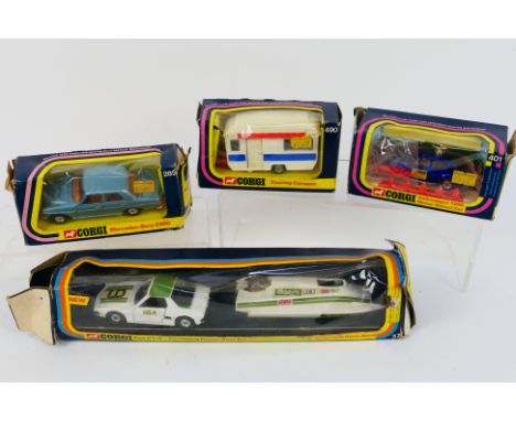 Corgi Toys - Four boxed diecast model vehicles. Lot consists of Corgi Toys #37 Fiat X19 Carlsberg Powerboat Set; #401 Volkswa