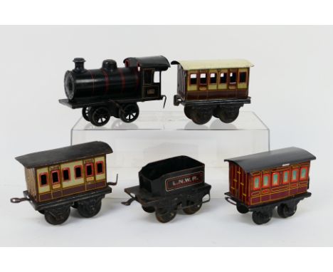 Bing - An unboxed Bing clockwork O gauge 0-4-0 steam locomotive and tender, with three unboxed Bing carriages. The black LNWR