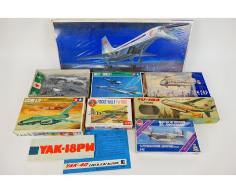 VEB KVZ - Tamiya - Airfix - Lindberg - Eight boxed plastic model kits. Kits include ZEB Tu-114; Tamiya 1:100 scale PA1015 Ily