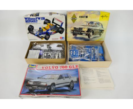 Tamiya - Heller - Revell - Three boxed plastic model car kits. Lot includes Tamiya #20025 1:20 scale Williams FW13B Renault F