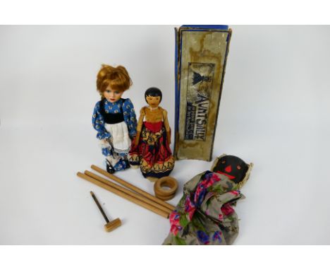 Aunt Sally - An early 20th Century ' Aunt Sally ' parlour game. The wooden doll comes with tripod legs, wooden pipe and rubbe