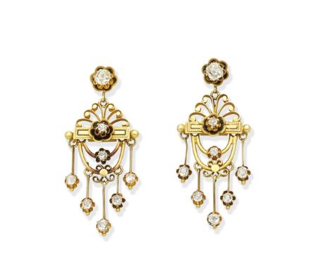 A pair of enamel and diamond pendent earrings, circa 1890Each articulating pendant of floral and foliate design with black en