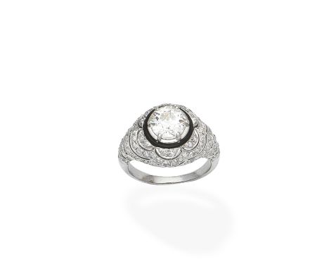 A diamond and enamel ringOf bombé design, the central brilliant-cut diamond within a black enamel surround, the pierced mount