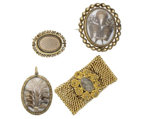 Four mid 19th century hairwork jewels1st: The glazed oval plaque brooch with an elaborate hairwork and seed-pearl wheatsheaf,