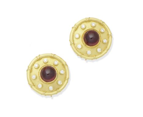 A pair of tourmaline 'Weft' earrings, by Theo Fennell, 1998Each pink tourmaline cabochon within a reeded surround with saltir
