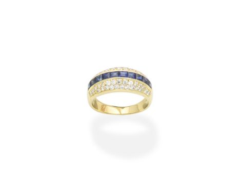 A sapphire and diamond ringOf bombé design, set with a row of step-cut sapphires between borders of brilliant-cut diamonds, m