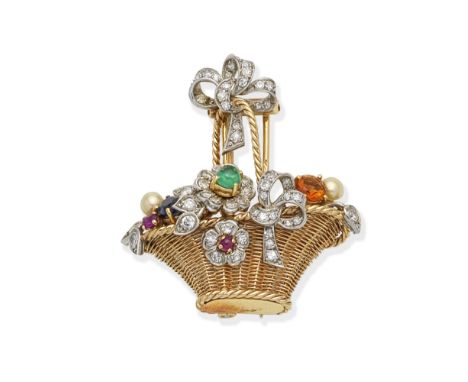 A diamond, cultured pearl and gem-set brooch, circa 1950Designed as a woven basket with ropetwist detail and ribbon decoratio