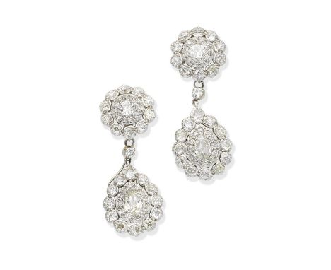 A pair of diamond pendent earringsEach old brilliant-cut and cushion-shaped diamond surmount suspending a detachable drop set