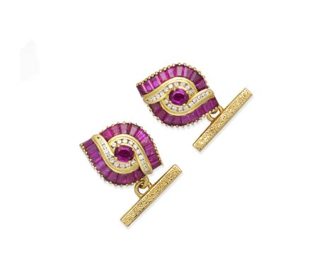 A pair of ruby and diamond cufflinksSingle-Sided: Each navette-shaped plaque set with step-cut rubies and brilliant-cut diamo