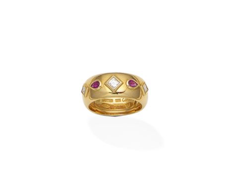 A ruby and diamond ring, by CartierSet to the front with two pear-shaped rubies between three step-cut diamonds, signed Carti
