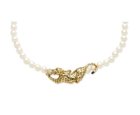 A cultured pearl and diamond 'Panthère' necklace, by CartierRealistically modelled as a pouncing panther, decorated with blac