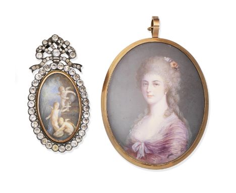 Two 19th century portrait miniatures, French SchoolBoth painted on ivory, 1st: Portraying a lady wearing costume circa 1780, 