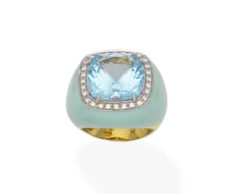 A blue topaz, diamond and enamel ringThe cushion-shaped blue topaz within a surround of brilliant-cut diamonds, to a bombé mo