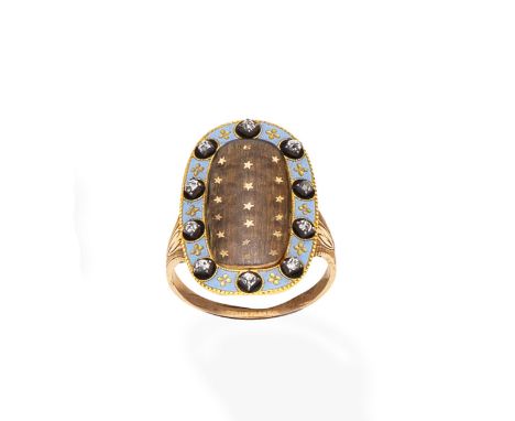 A gold, enamel, diamond and hairwork mourning ring, circa 1790The woven hairwork plaque with applied gold star decoration, wi