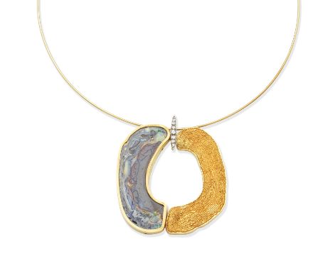 An opal and diamond necklace, by Grima, 1972The wire collar suspending an annular pendant, one side set with a boulder opal s