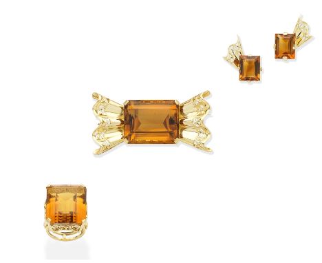 A citrine brooch, ring and earring suite, circa 1950The step-cut citrine accented to either side by panels of rippled drapery