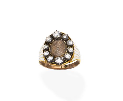 A gold, enamel, diamond and hairwork mourning ring, circa 1797The central woven hairwork plaque within a black enamel surroun