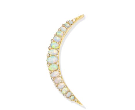 An opal and diamond crescent brooch, circa 1890Set with a graduation of oval opal cabochons, accented by old brilliant, singl