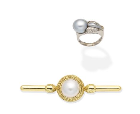 A cultured pearl ring and a cultured mabé pearl brooch1st: Set with a baroque cultured pearl of grey tint, with brilliant-cut