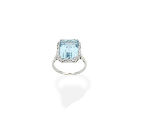 An aquamarine and diamond ringThe step-cut aquamarine between courses of single-cut diamonds, ring size approx. L
