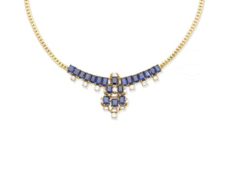 A sapphire and diamond necklace, 1986The tiered frontispiece set with step-cut sapphires, baguette and brilliant-cut diamonds