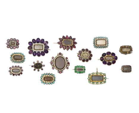 A collection of late 18th - early 19th century mourning broochesComprising fifteen brooches, each hairwork plaque within a su