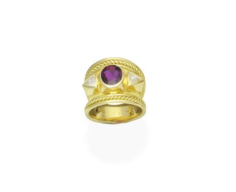 A ruby and diamond ring, by De Vroomen, 1997The oval-cut ruby to a textured ground, between trilliant-cut diamond shoulders a
