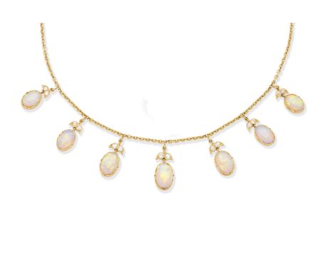 An opal and diamond necklace, circa 1900The front suspending a graduated fringe of oval opal cabochons via old brilliant-cut 