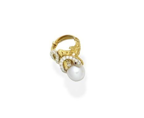 A cultured pearl, diamond and ruby ringThe 12.0mm cultured pearl within a textured mount of branch design, accented by a bril